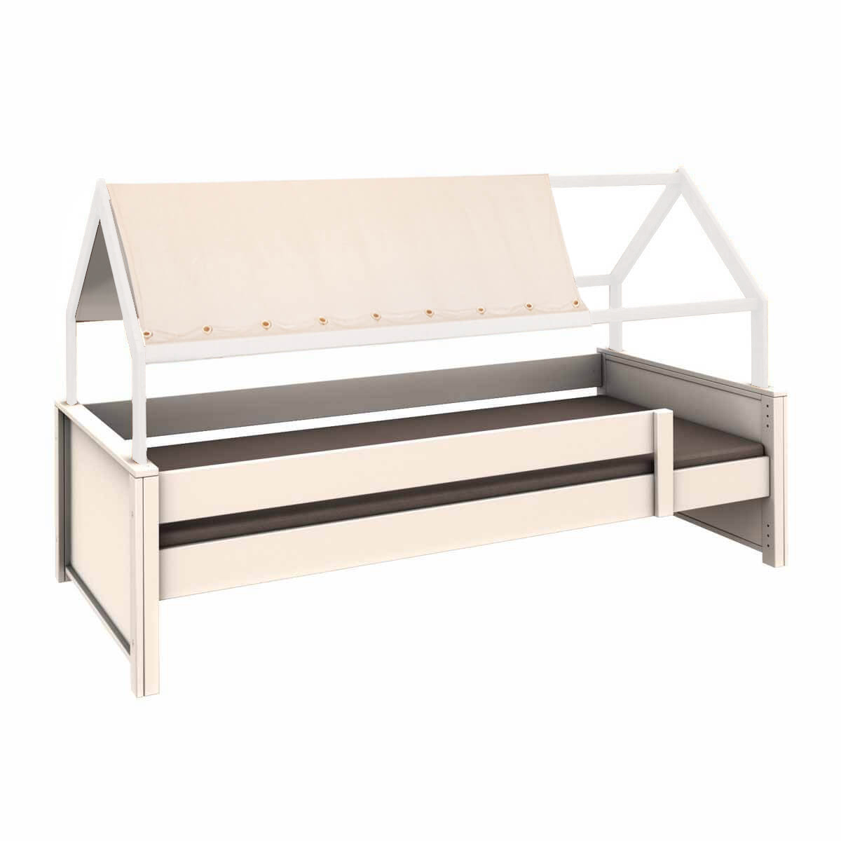 Bed low cabin KASVA beech white lacquered textile roof 