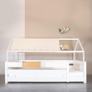 Bed low cabin Montessori side rail double KASVA beech white lacquered textile roof