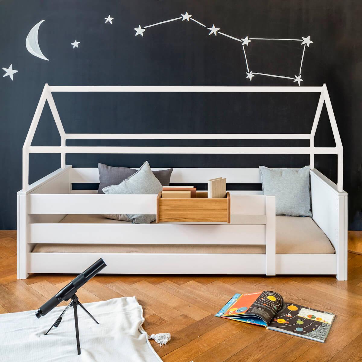 Bed low cabin Montessori side rail double KASVA beech white lacquered