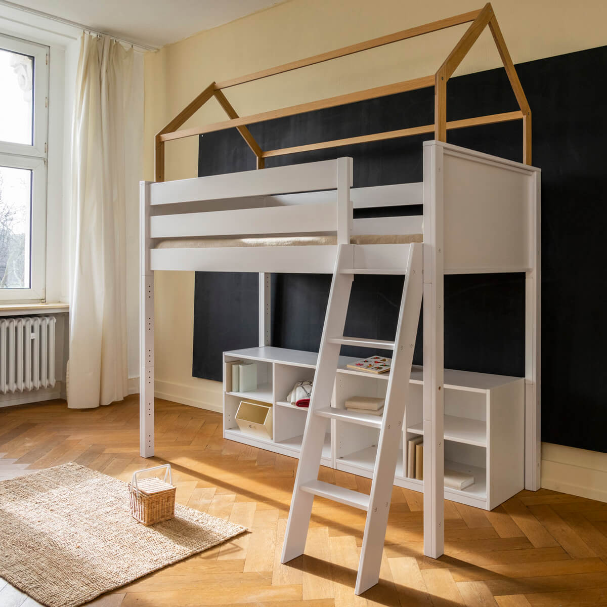 Cama alta-techo casa KASVA haya lacado blanco-contrachapado roble