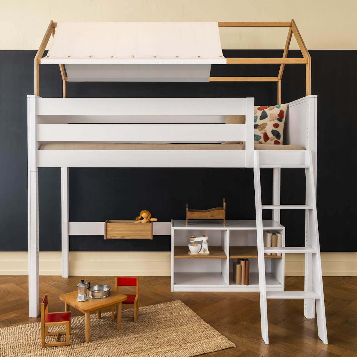 Cama alta-techo casa-textil KASVA haya lacado blanco-contrachapado roble