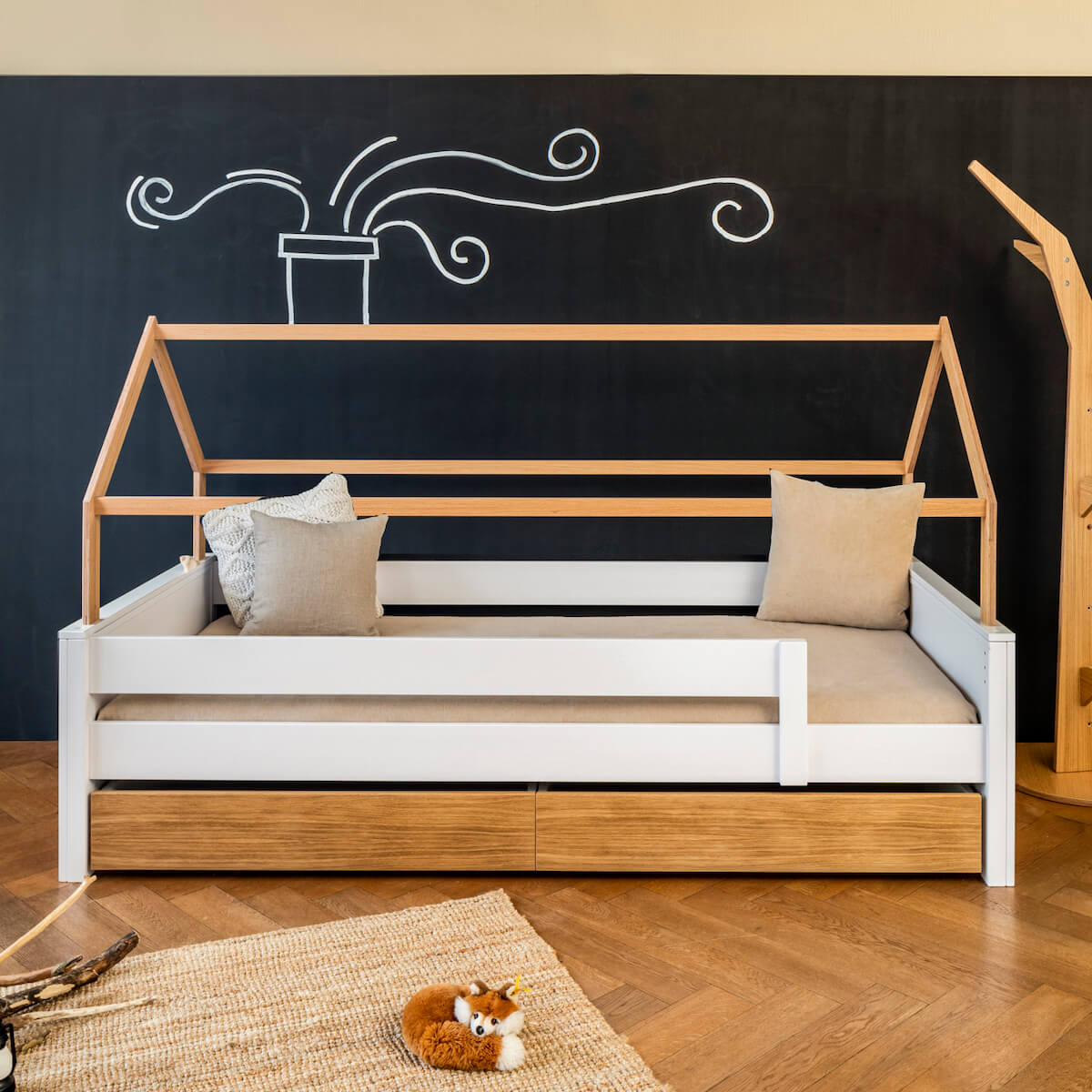 Cama barrera simple-techo casa KASVA haya lacado blanco-contrachapado roble