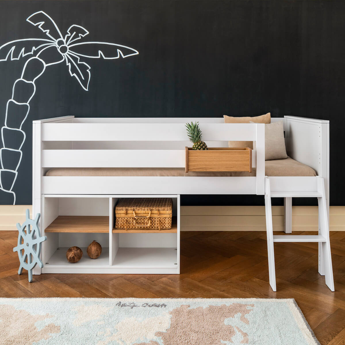 Cama media alta 90x200cm escalera inclinada KASVA haya lacado blanco