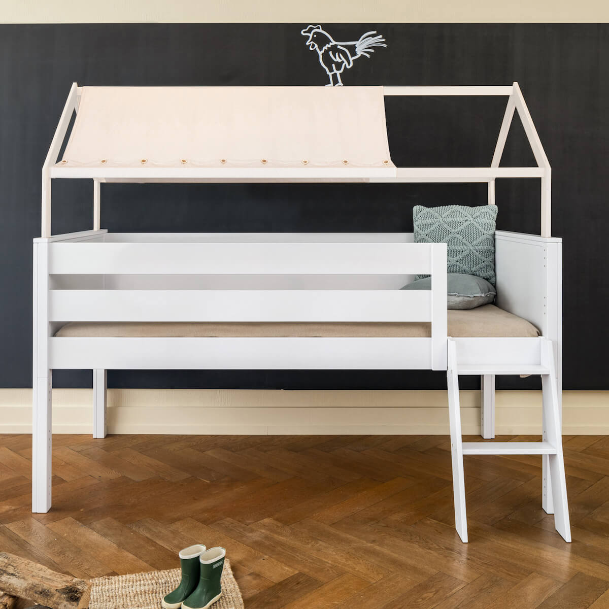 Cama media alta-casa techo-textil KASVA haya lacado blanco