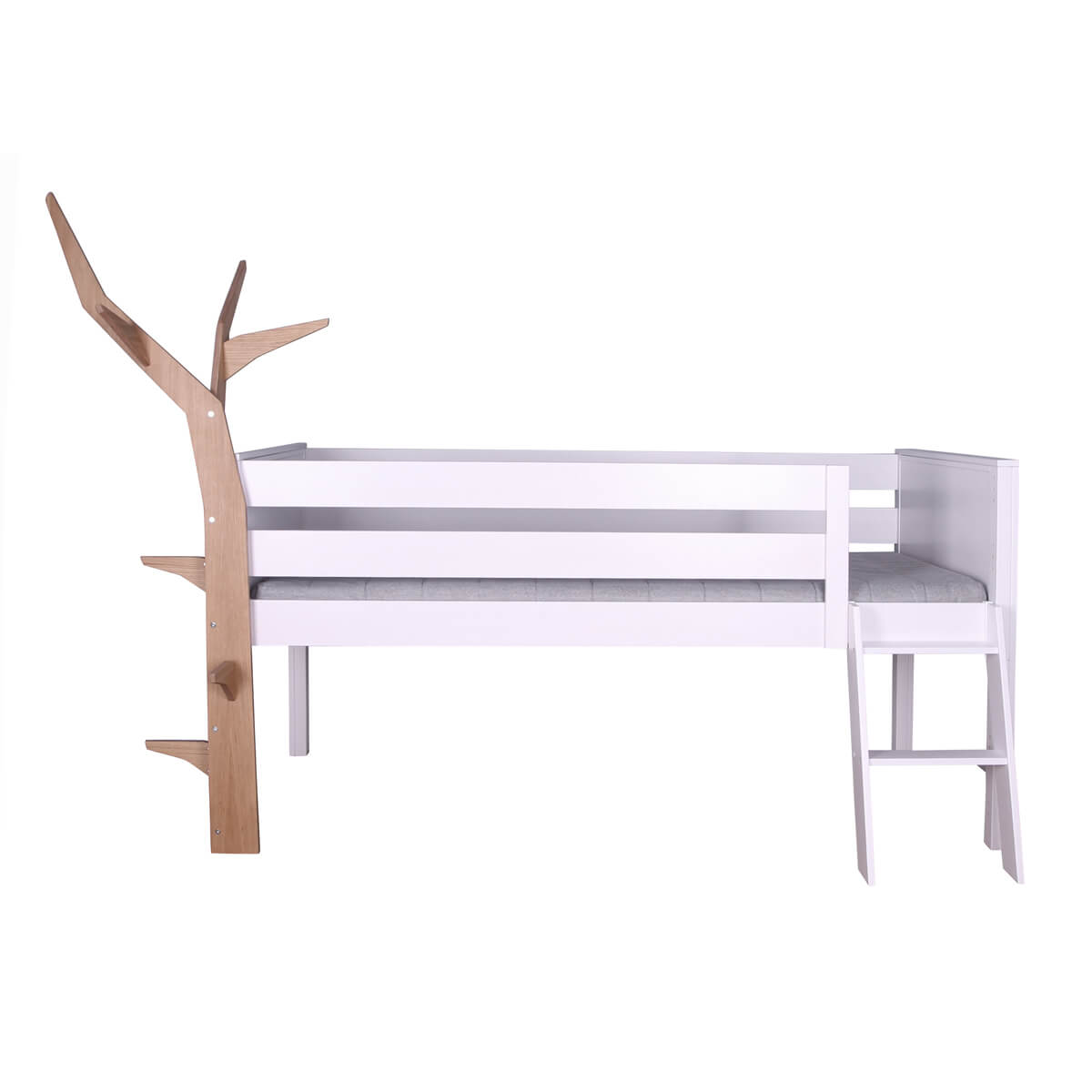 Cama media alta KASVA haya lacado blanco-contrachapado roble-árbol