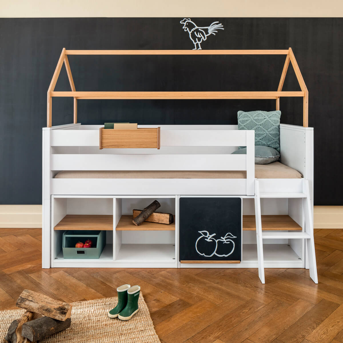 Cama media alta-techo casa KASVA haya blanco-contrachapado roble