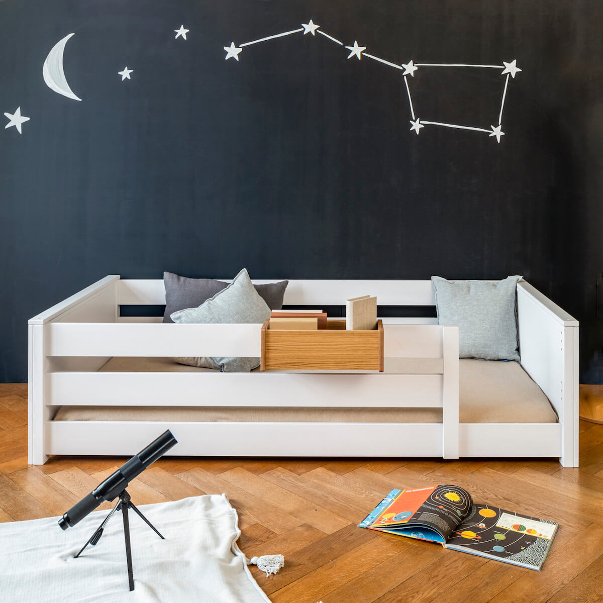 Cama montessori-barrera doble 90x200cm KASVA haya lacado blanco