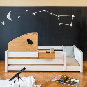 Cama montessori-barrera doble KASVA haya blanco-contrachapado roble-cabaña juegos