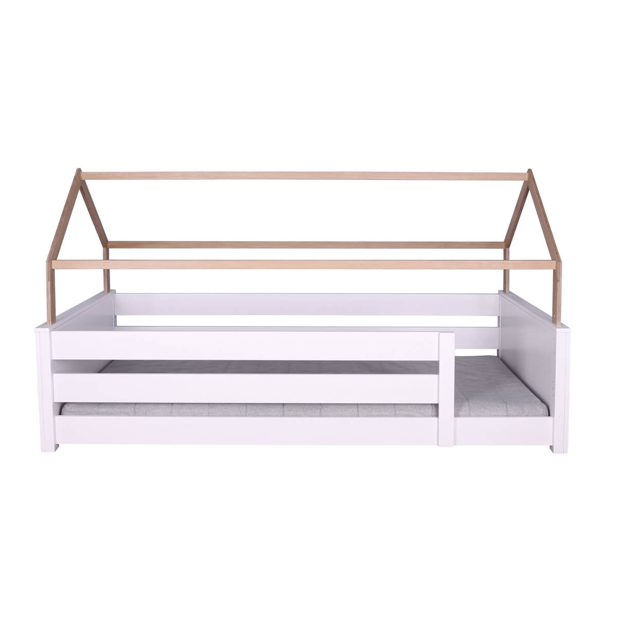 Cama montessori-barrera doble-techo casa KASVA haya lacado blanco-contrachapado roble