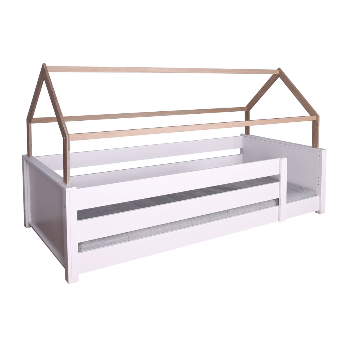 Cama montessori-barrera doble-techo casa KASVA haya lacado blanco-contrachapado roble