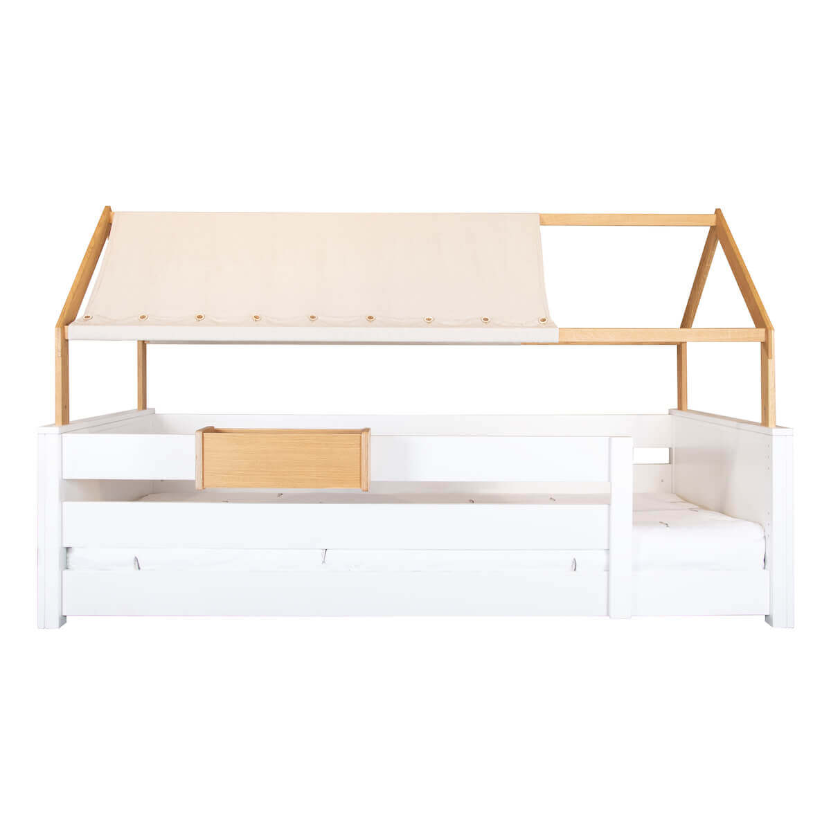 Cama montessori barrera doble-techo casa-textil KASVA haya lacado blanco-contrachapado roble
