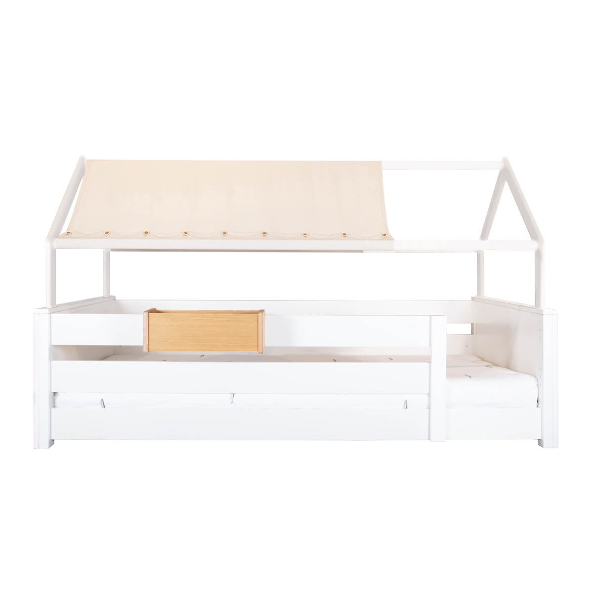 Cama montessori barrera doble-techo casa-textil KASVA haya lacado blanco