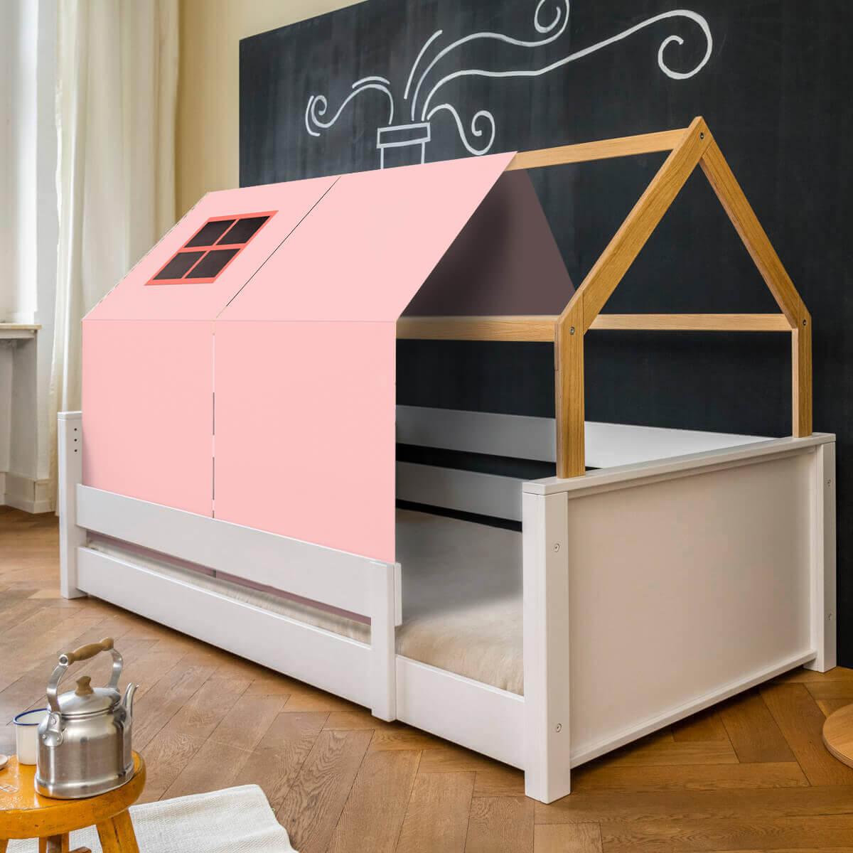 Cama montessori barrera simple-techo casa KASVA textil Viena rosa
