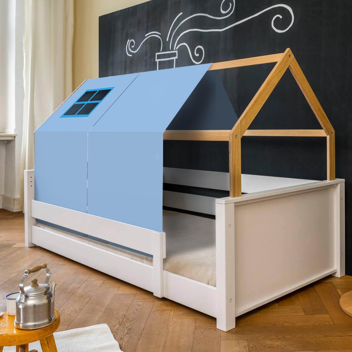 Cama montessori barrera simple-techo casa KASVA Viena verde-azul