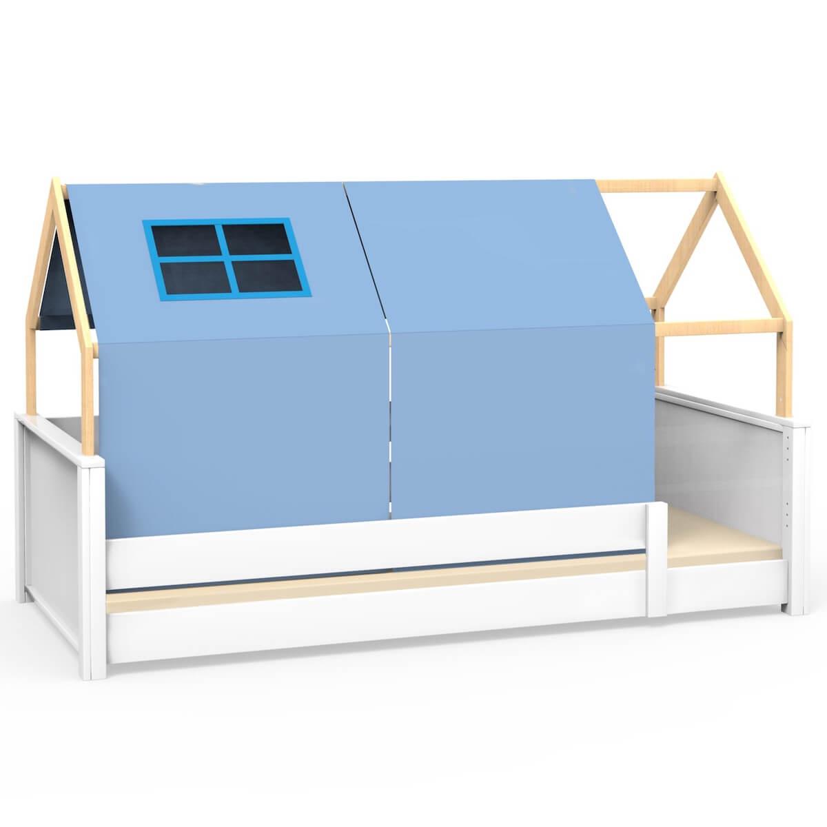 Cama montessori barrera simple-techo casa KASVA Viena verde-azul