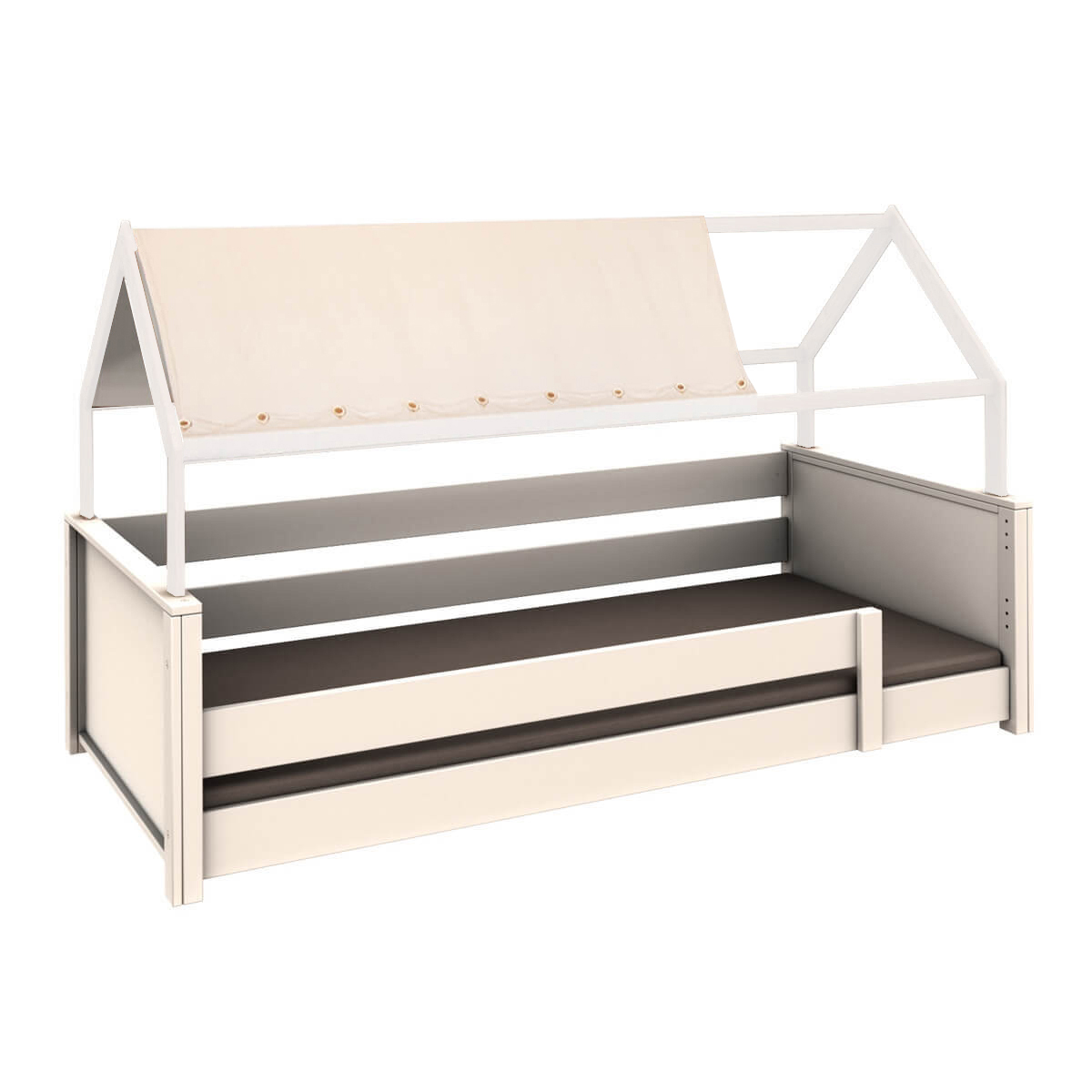 Cama montessori barrera simple-techo casa-textil KASVA haya lacado blanco
