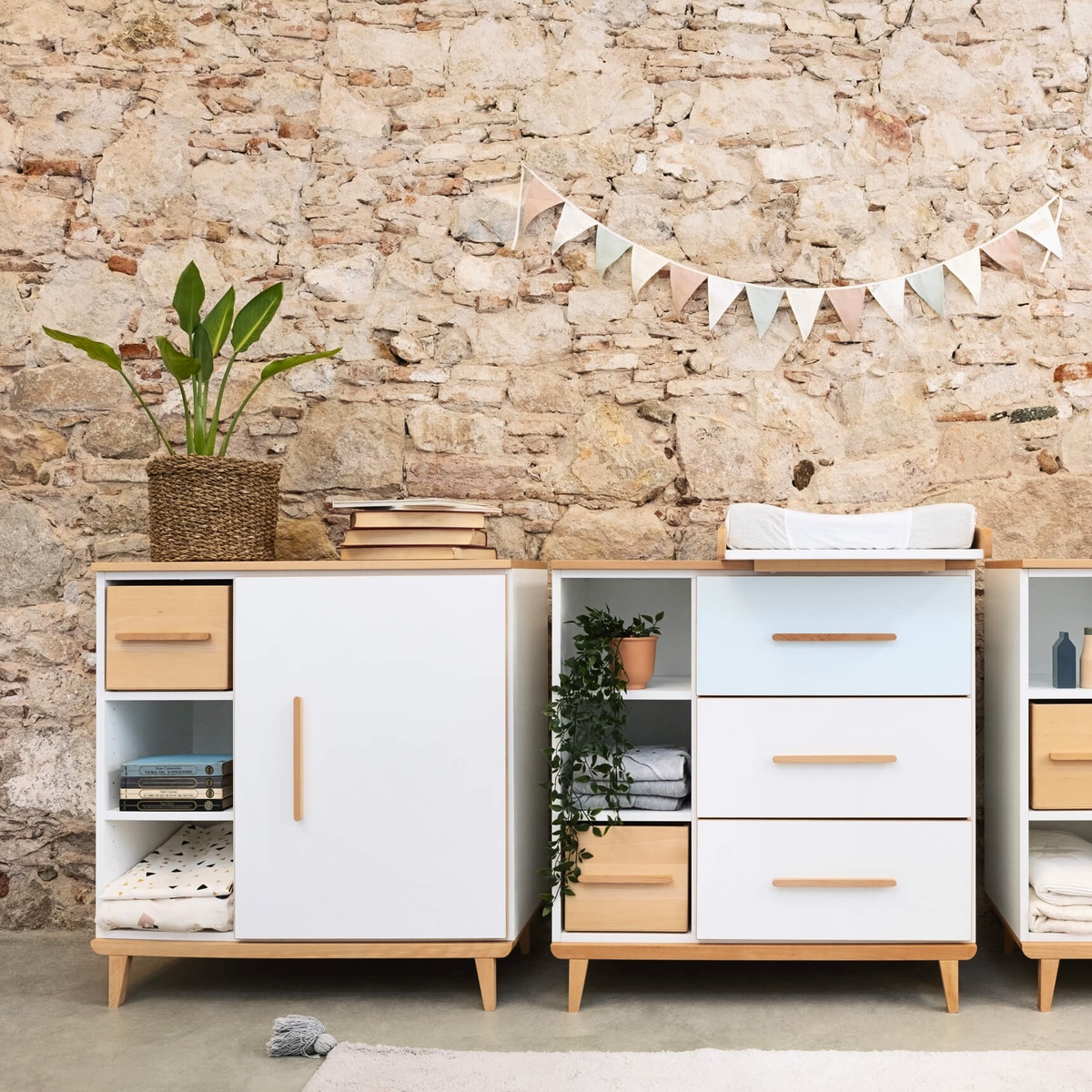 Changing table 1 door 3 niches NADO Retro beech capri blue