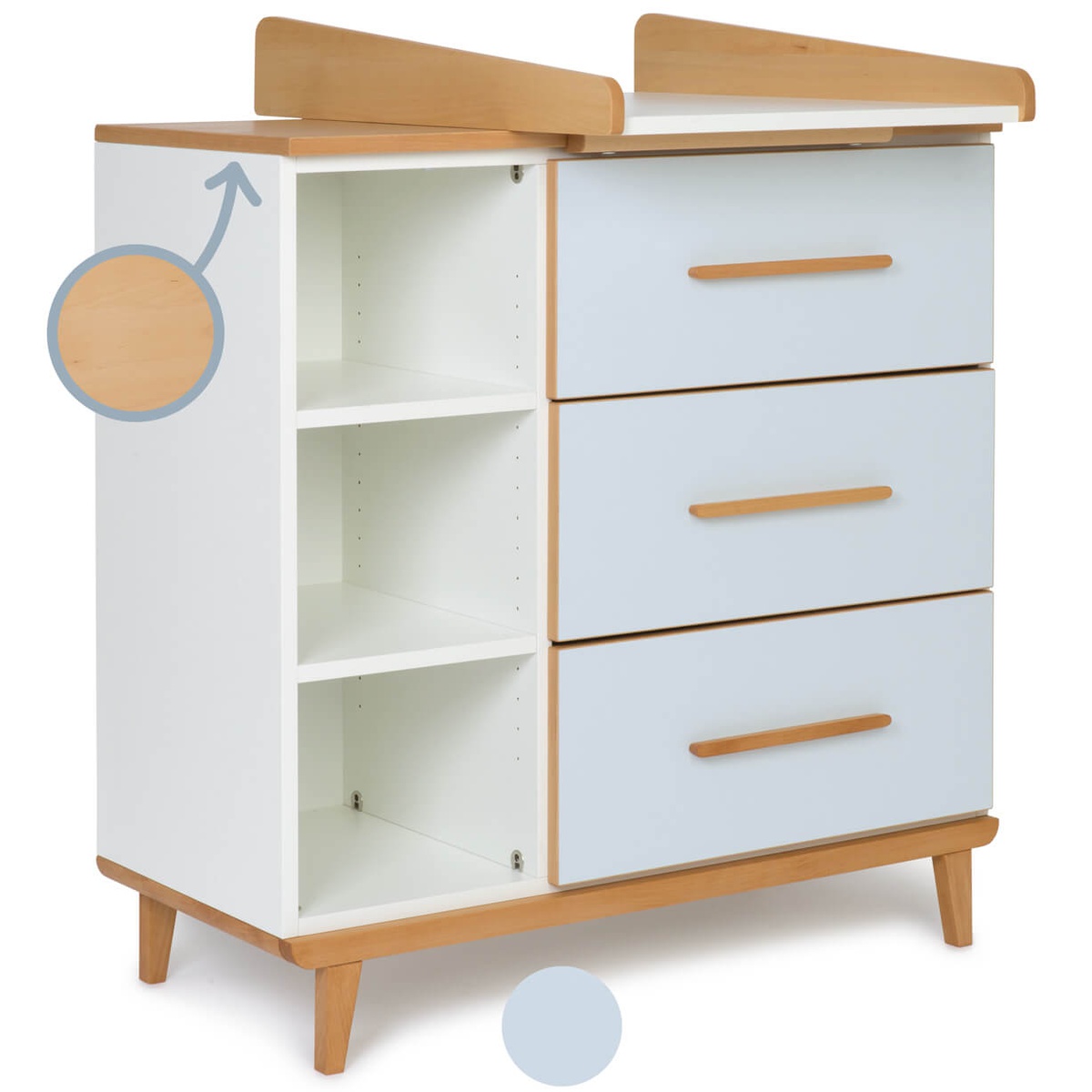 Changing table 3 drawers 3 niches NADO Retro beech sky blue