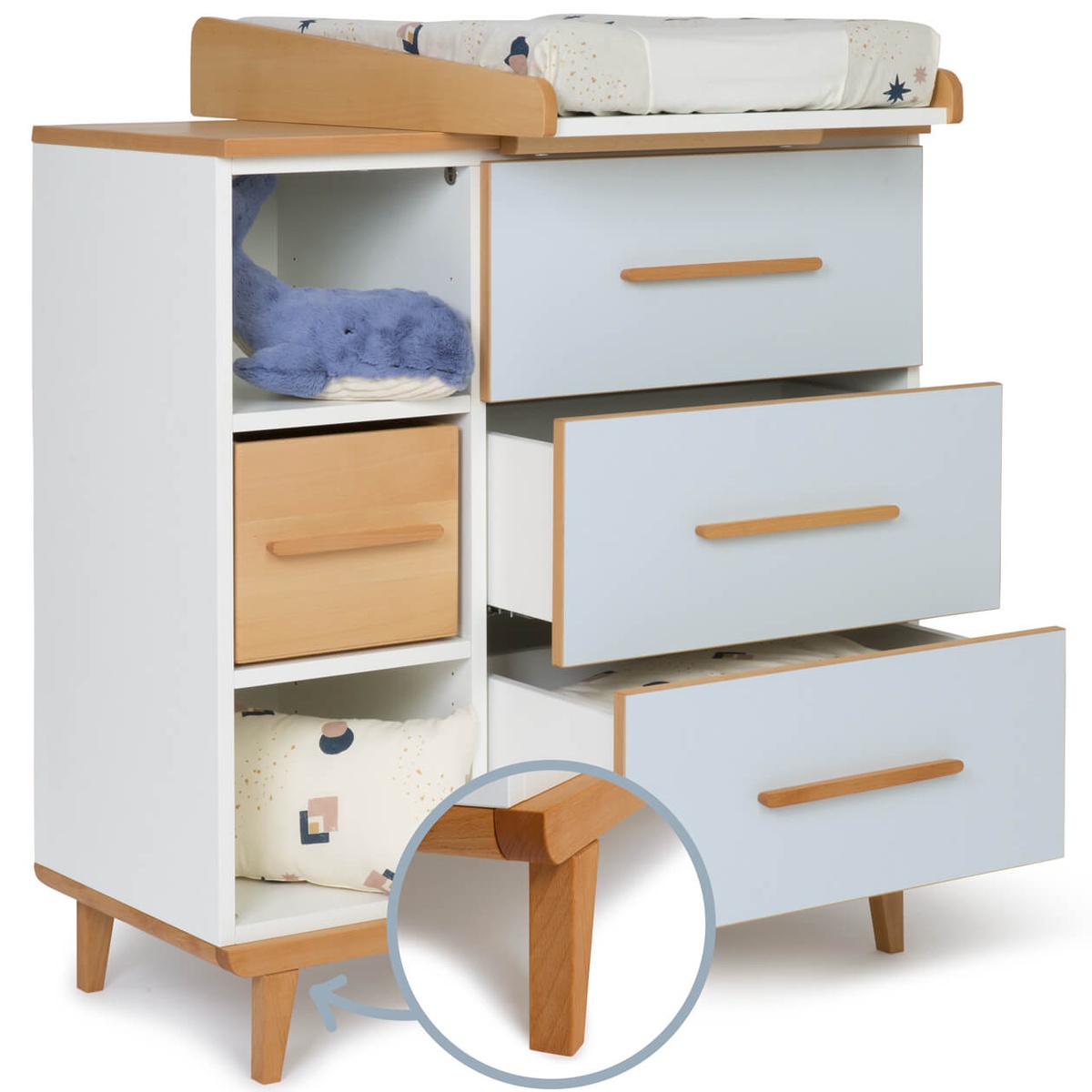 Changing table 3 drawers 3 niches NADO Retro beech sky blue