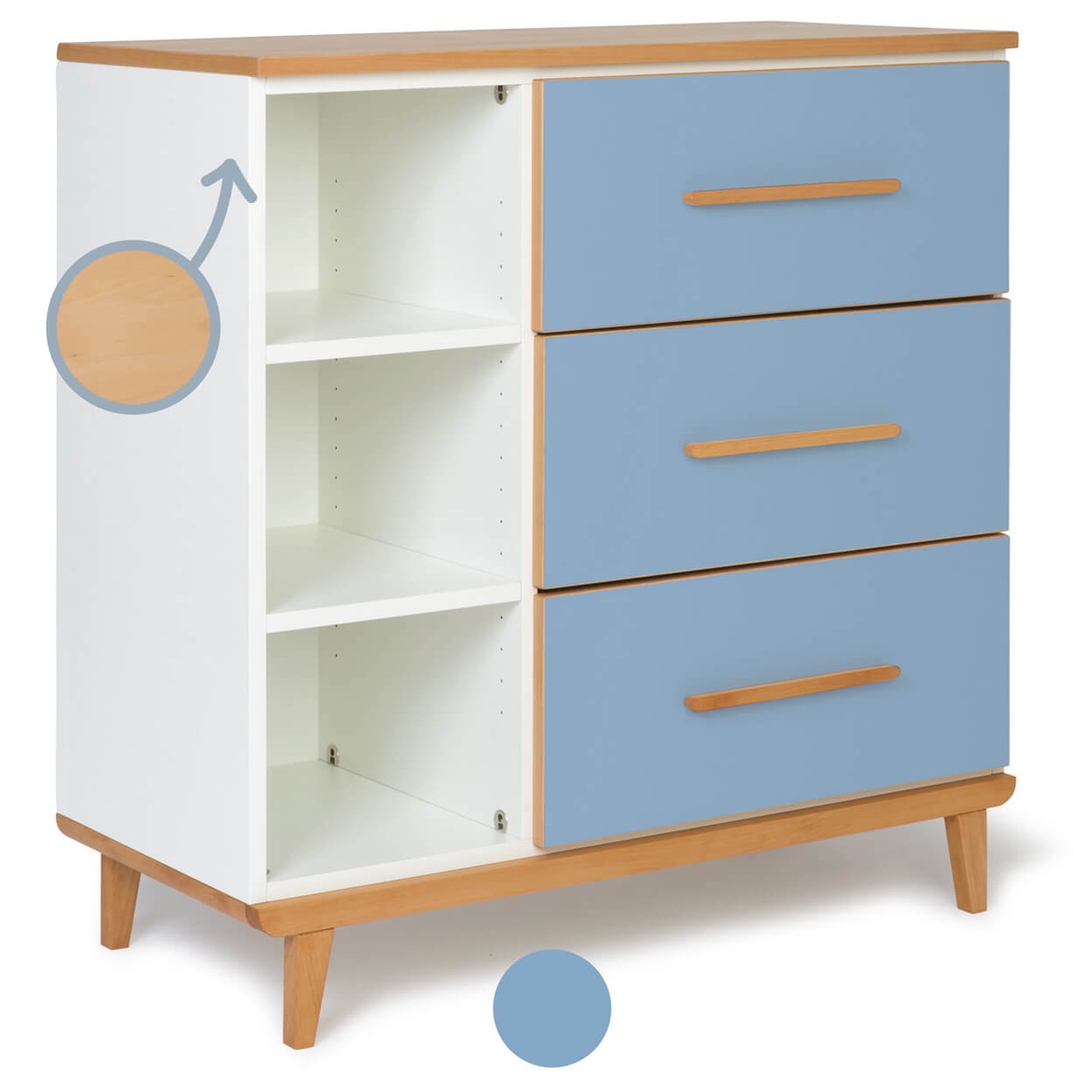 Chest of 3 drawers 3 niches NADO Retro beech capri blue