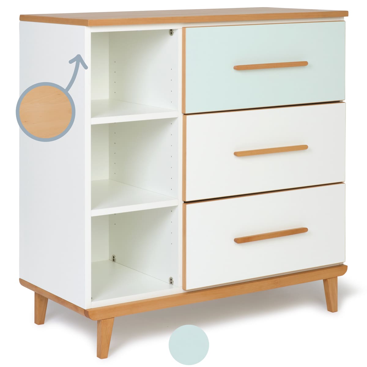 Chest of 3 drawers 3 niches NADO Retro beech mint-white
