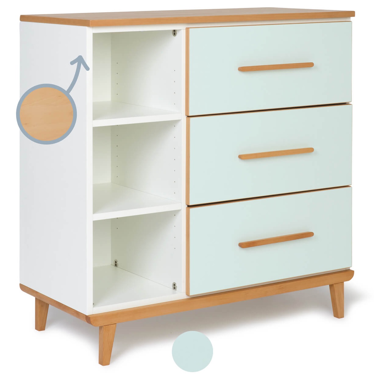 Chest of 3 drawers 3 niches NADO Retro beech mint