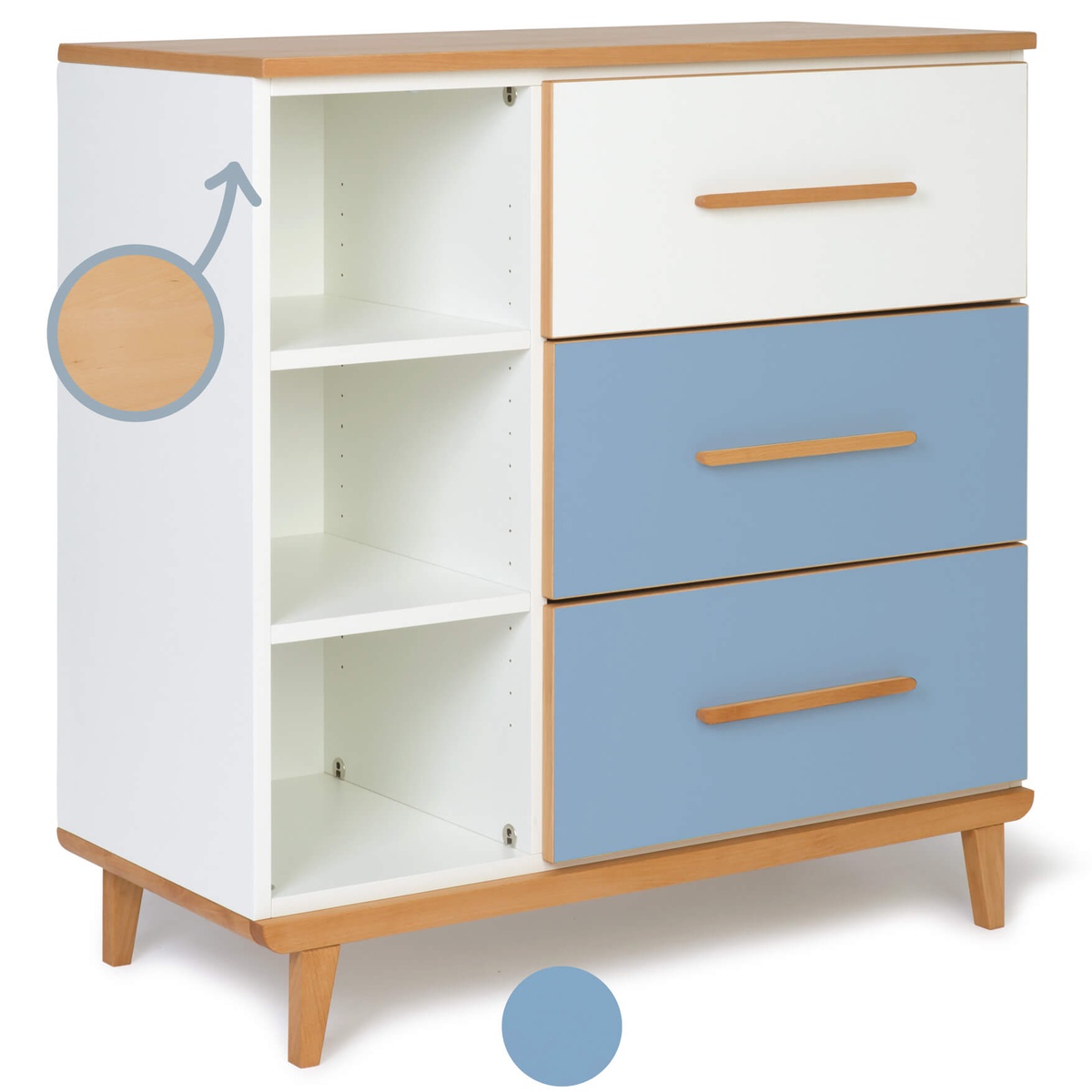 Chest of 3 drawers 3 niches NADO Retro beech white-capri blue