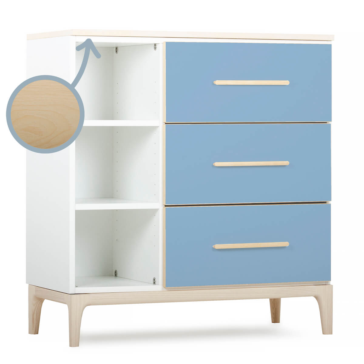 Commode 3 tiroirs 3 niches NADO Curve finition frêne capri blue