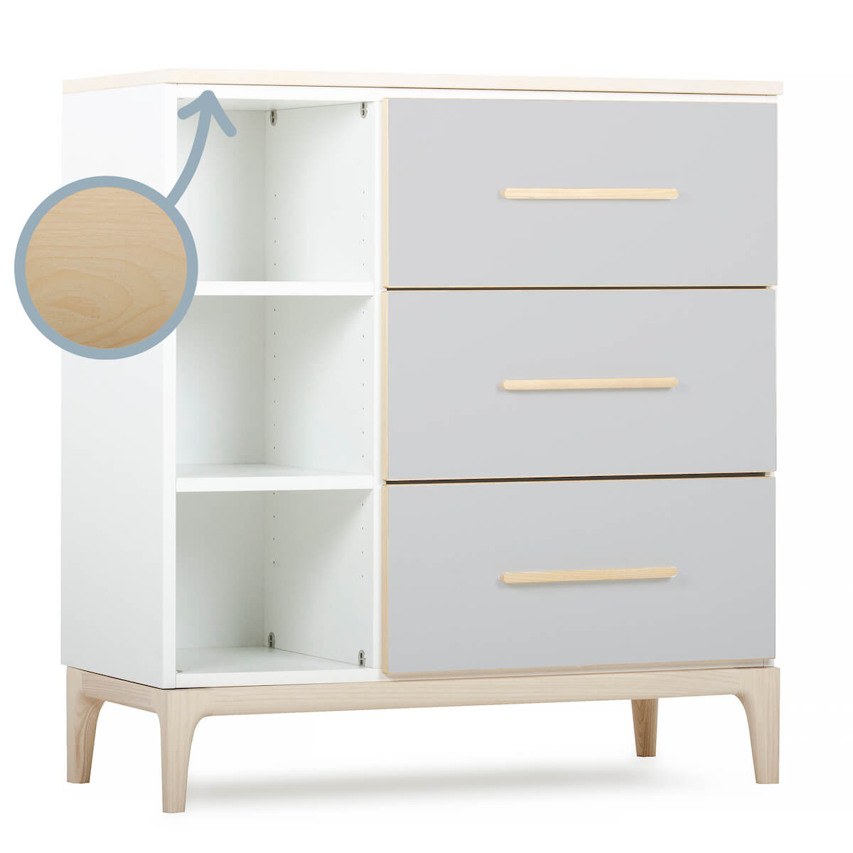 Commode 3 tiroirs 3 niches NADO Curve finition frêne manhattan grey