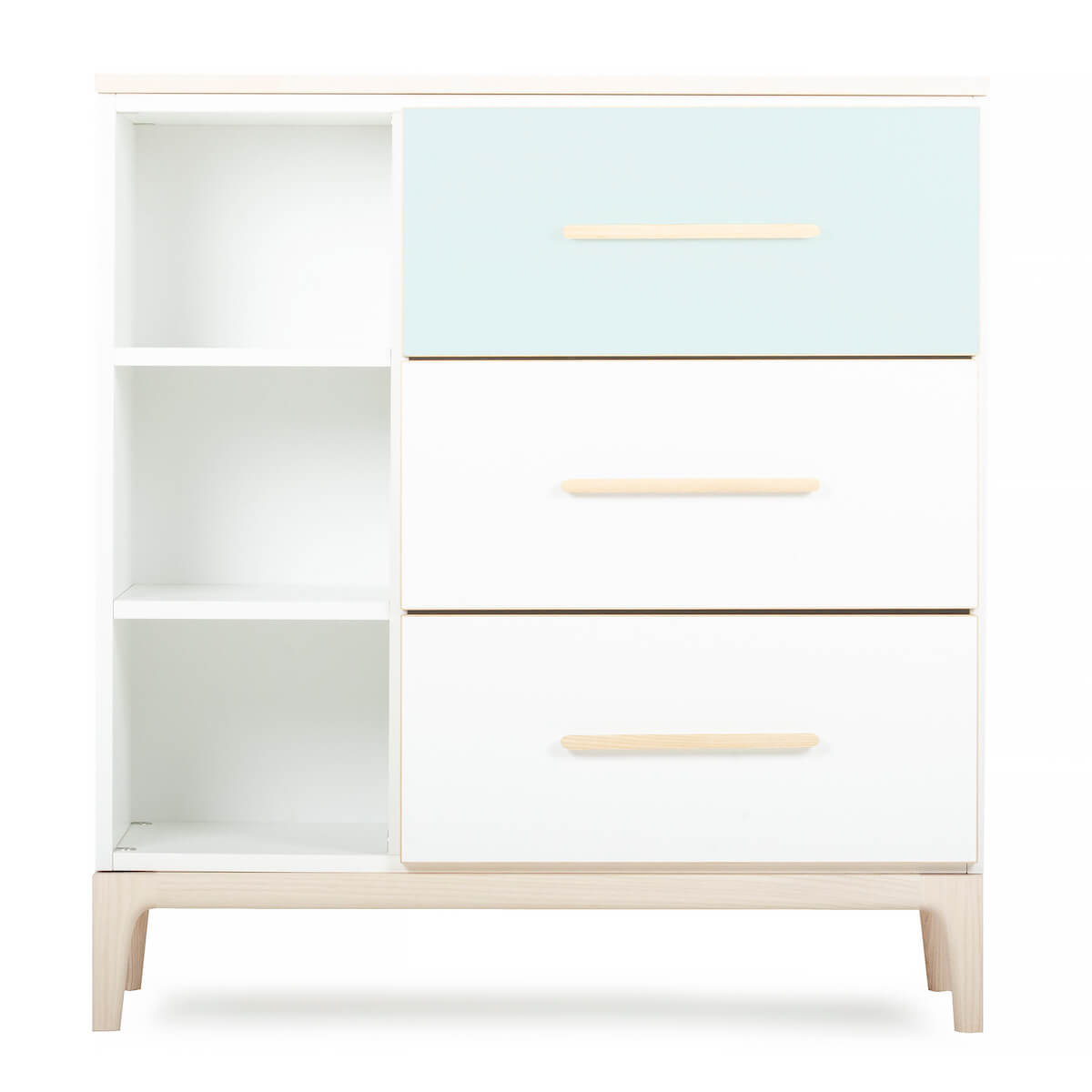 Commode 3 tiroirs 3 niches NADO Curve finition frêne mint-white
