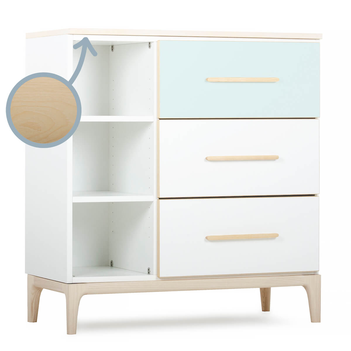 Commode 3 tiroirs 3 niches NADO Curve finition frêne mint-white