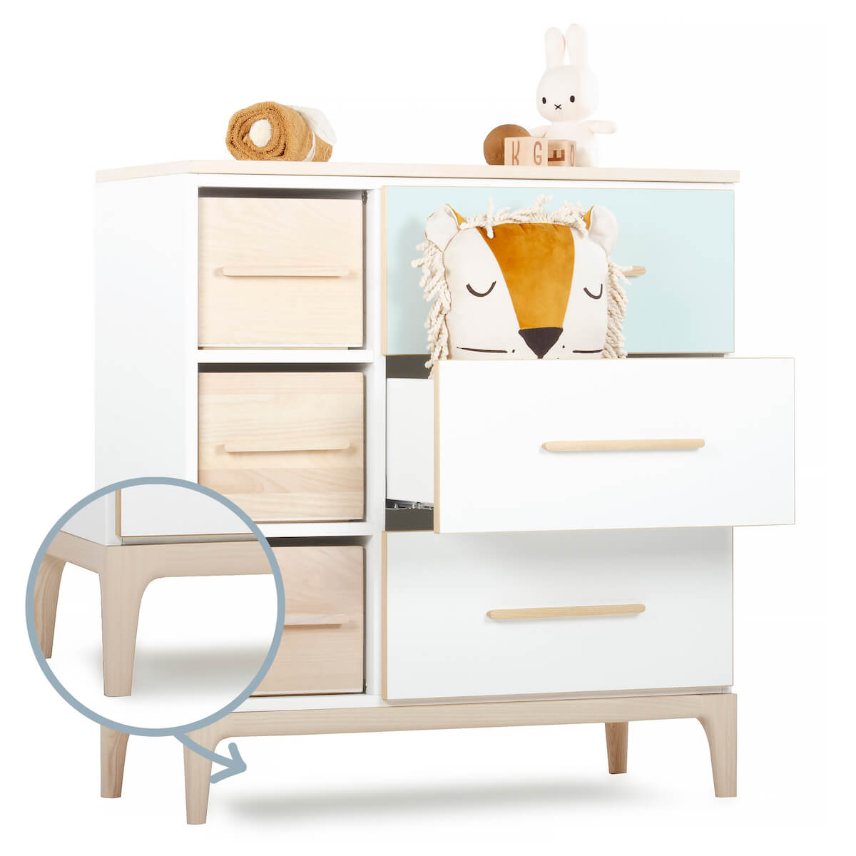 Commode 3 tiroirs 3 niches NADO Curve finition frêne mint-white