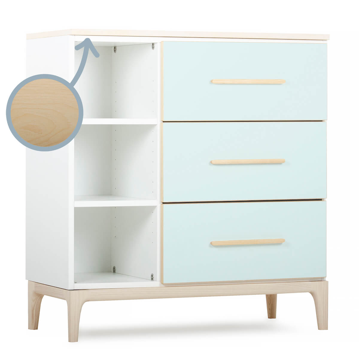 Commode 3 tiroirs 3 niches NADO Curve finition frêne mint
