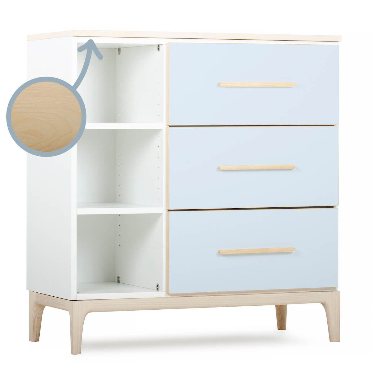 Commode 3 tiroirs 3 niches NADO Curve finition frêne sky blue