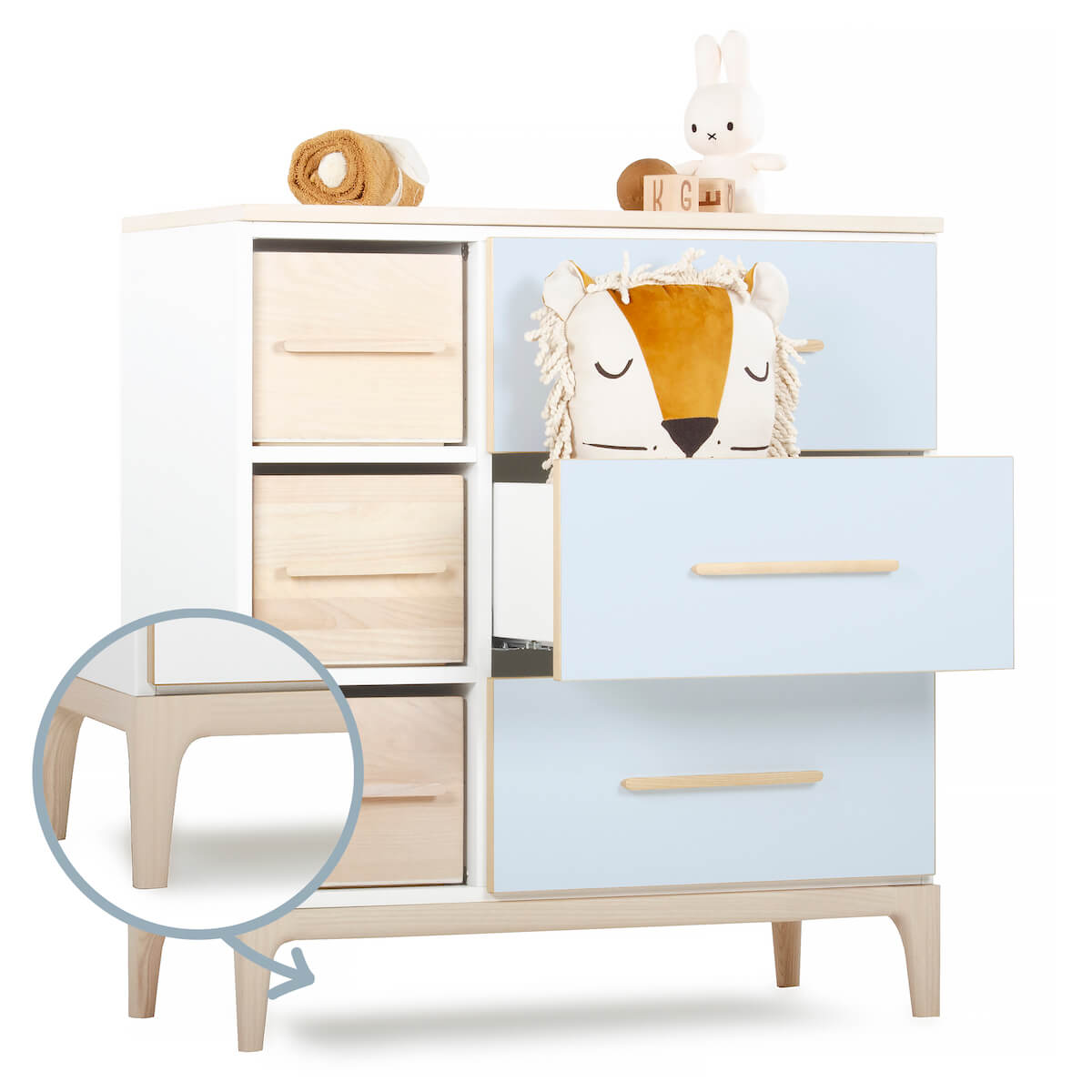 Commode 3 tiroirs 3 niches NADO Curve finition frêne sky blue