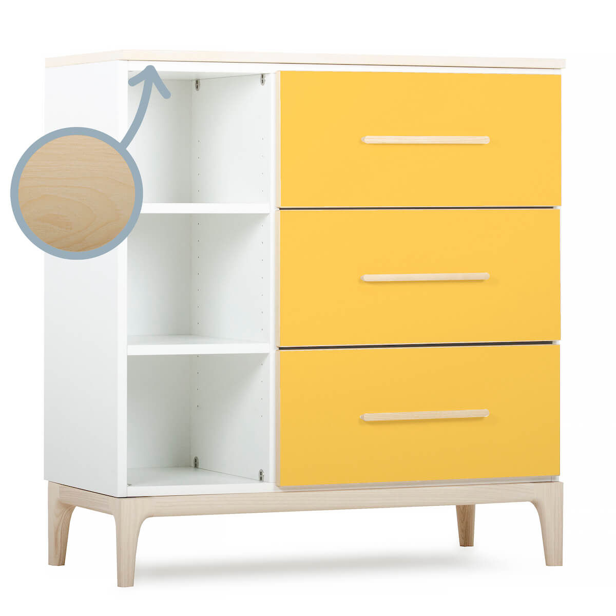 Commode 3 tiroirs 3 niches NADO Curve finition frêne sunshine yellow 