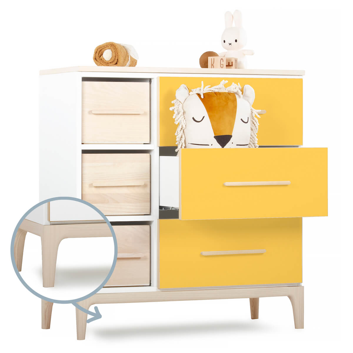 Commode 3 tiroirs 3 niches NADO Curve finition frêne sunshine yellow 