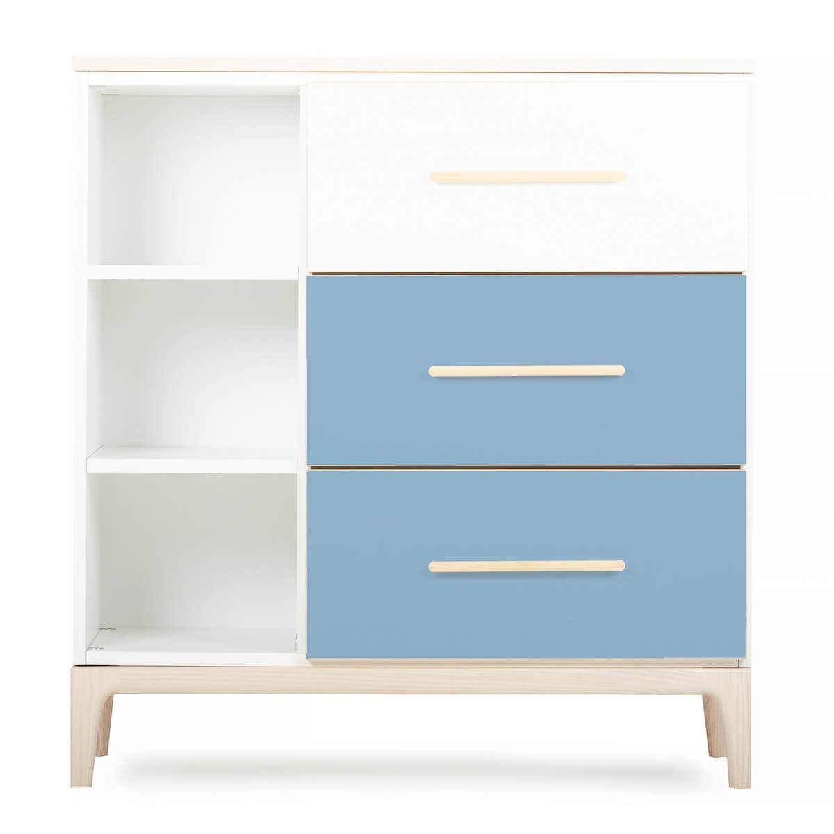 Commode 3 tiroirs 3 niches NADO Curve finition frêne white-capri blue