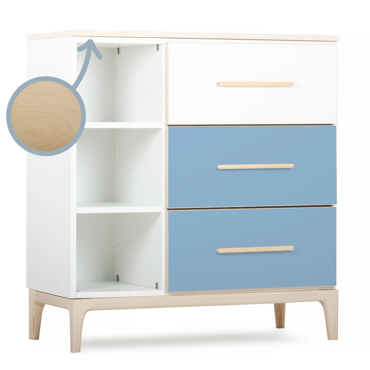 Commode 3 tiroirs 3 niches NADO Curve finition frêne white-capri blue
