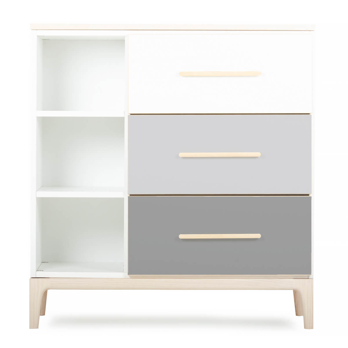 Commode 3 tiroirs 3 niches NADO Curve finition frêne white-manhattan grey-slate grey