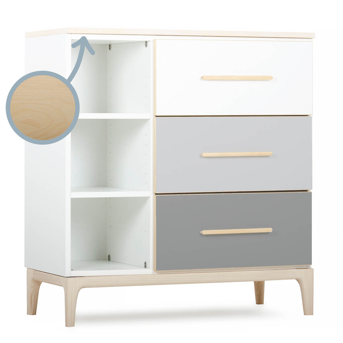 Commode 3 tiroirs 3 niches NADO Curve finition frêne white-manhattan grey-slate grey