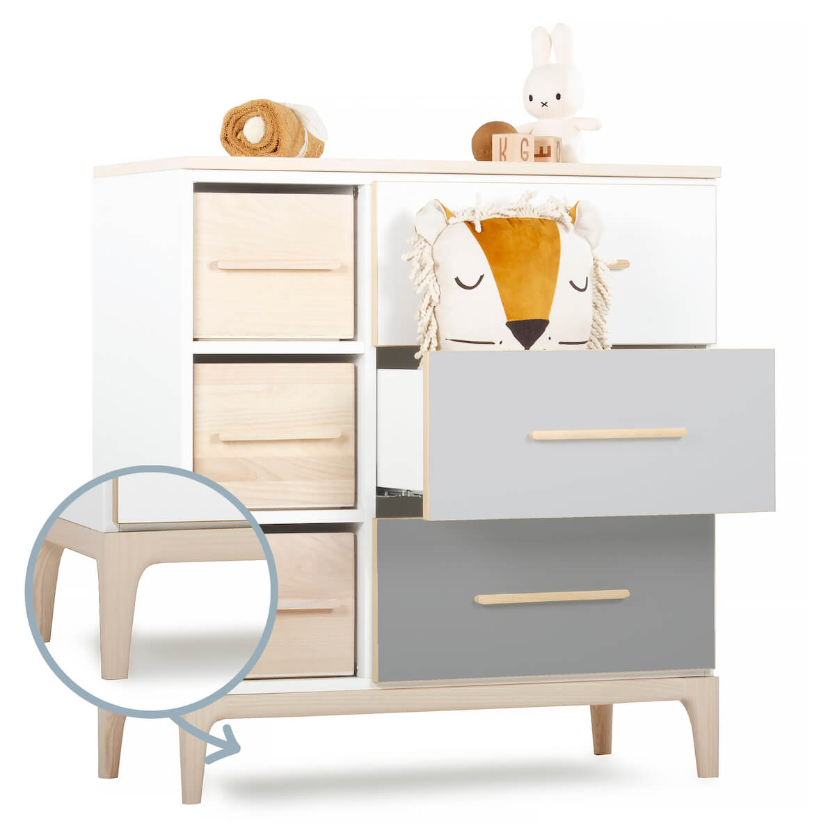 Commode 3 tiroirs 3 niches NADO Curve finition frêne white-manhattan grey-slate grey