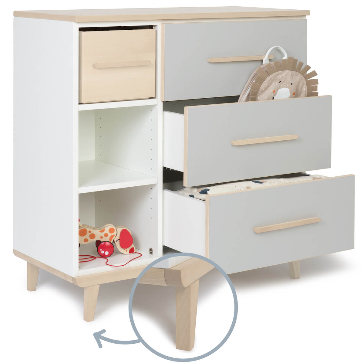 Commode 3 tiroirs 3 niches NADO Retro finition frêne manhattan grey