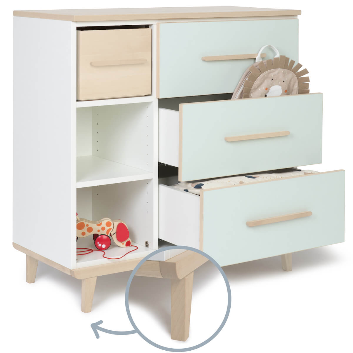 Commode 3 tiroirs 3 niches NADO Retro finition frêne mint