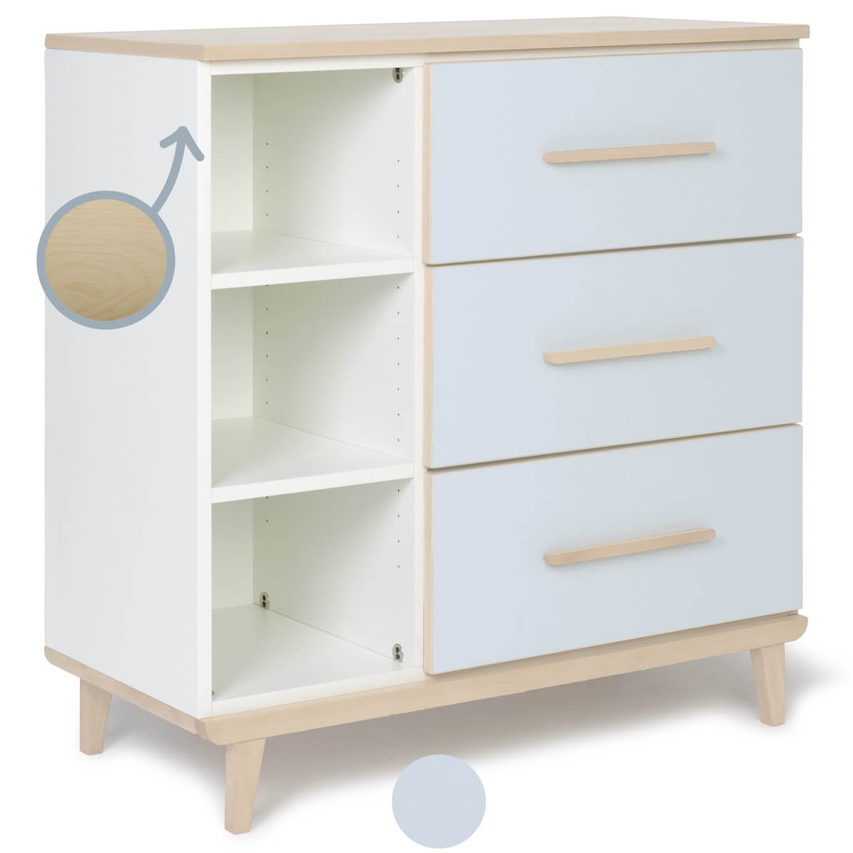 Commode 3 tiroirs 3 niches NADO Retro finition frêne sky blue
