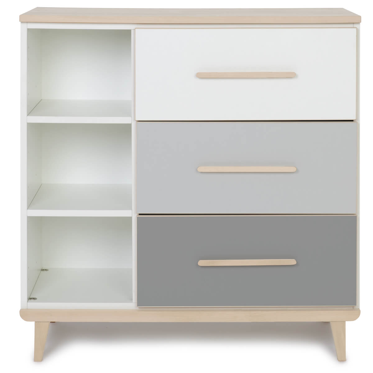 Commode 3 tiroirs 3 niches NADO Retro finition frêne white-manhattan grey-slate grey
