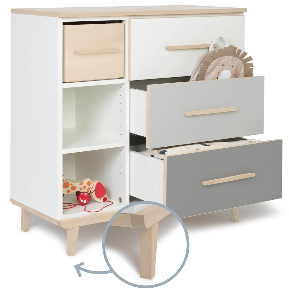 Commode 3 tiroirs 3 niches NADO Retro finition frêne white-manhattan grey-slate grey