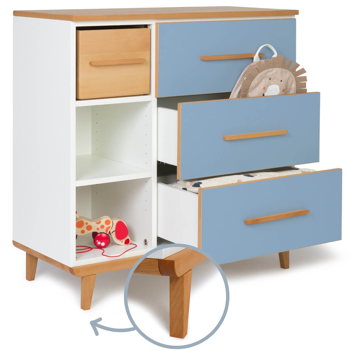 Commode 3 tiroirs 3 niches NADO Retro finition hêtre capri blue