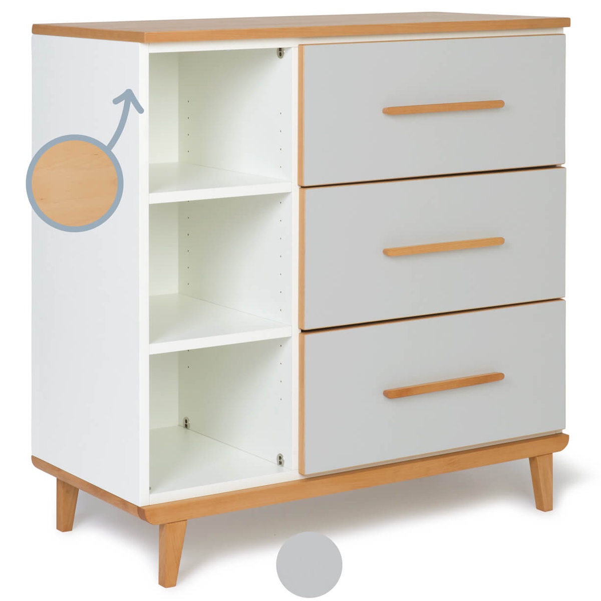 Commode 3 tiroirs 3 niches NADO Retro finition hêtre manhattan grey