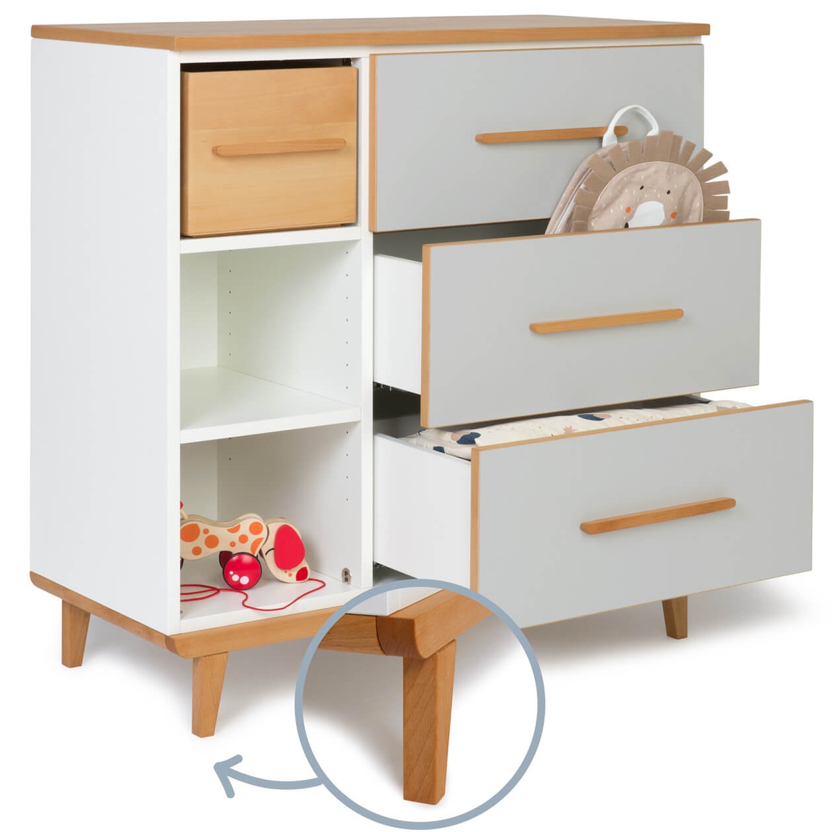 Commode 3 tiroirs 3 niches NADO Retro finition hêtre manhattan grey